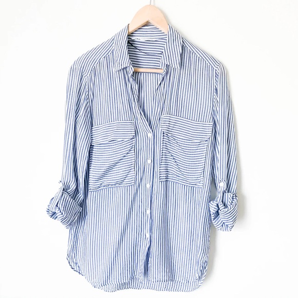 Zara Blue White Striped Viscose ButtonDown Collared Blouse, Sz S, Parisian Style - Picture 2 of 15